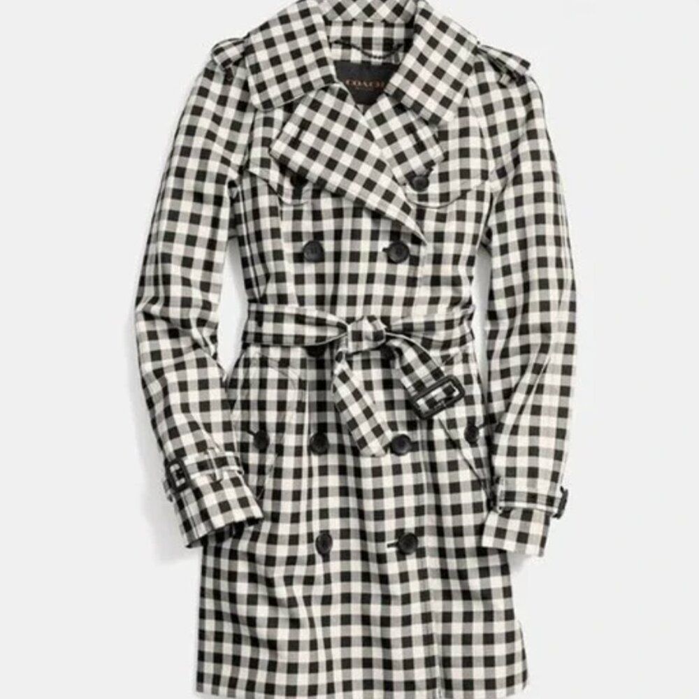 Coach Check Trench Coat – Black & White Gingham – Size 0 – With Belt